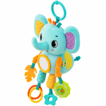 Peluche elefante de atividades com mordedores e espelho para bebé, em fundo branco.