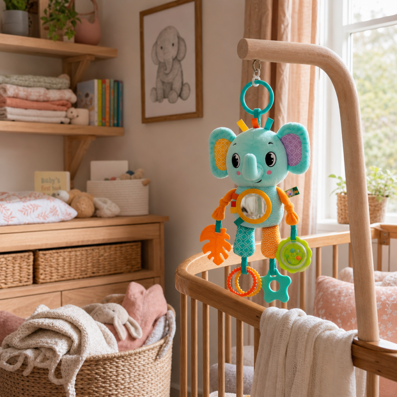 Peluche elefante de atividades com mordedores e espelho num quarto de bebé.