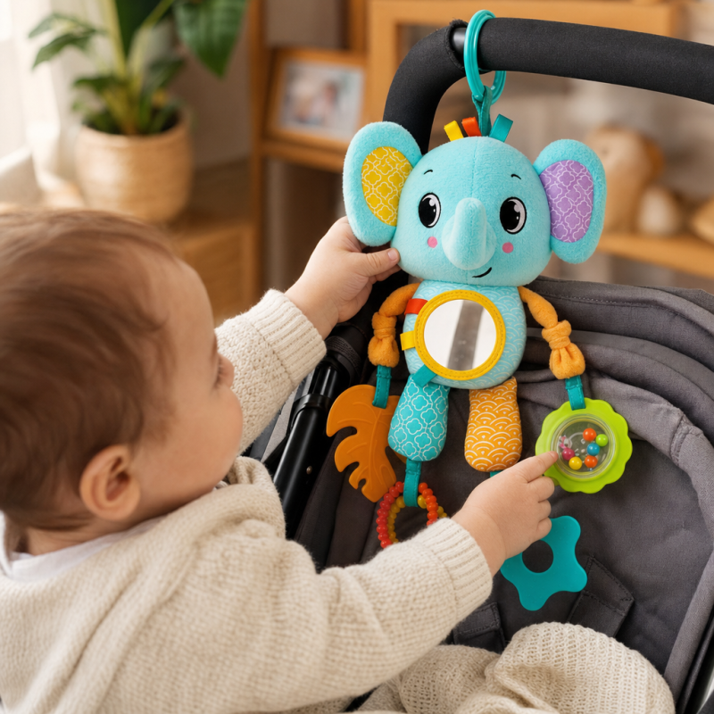 Bebé a brincar com o peluche elefante Mimoso, estimulando os sentidos no passeio.