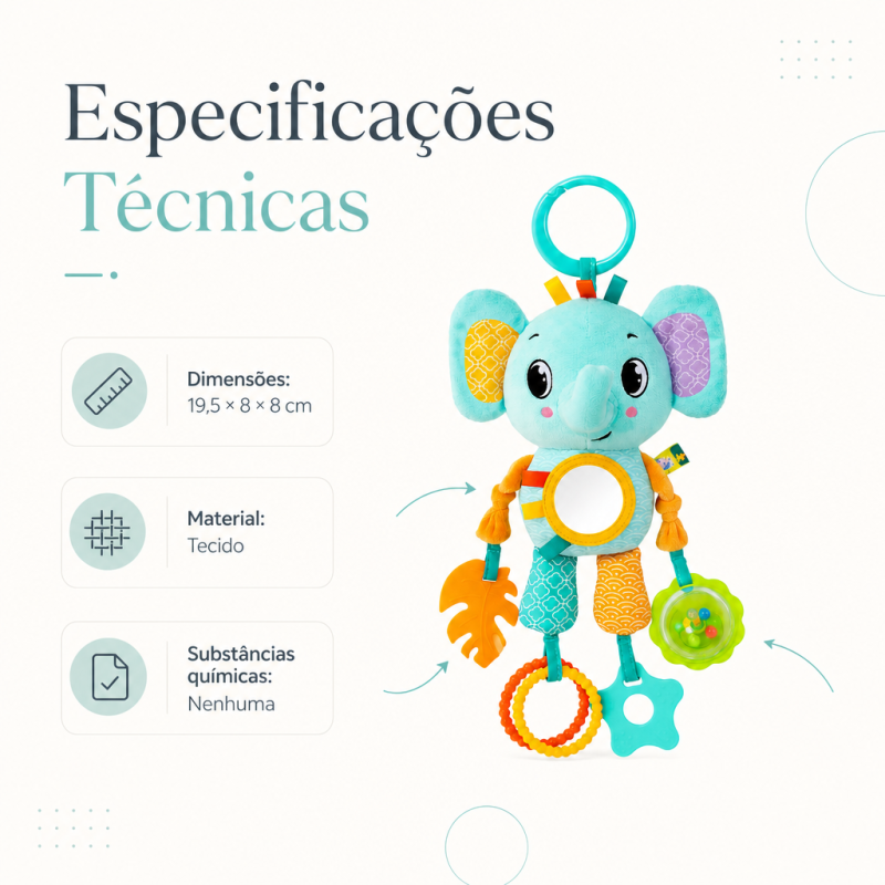 Peluche elefante sensorial para bebé com mordedores, espelho e argola para o carrinho.