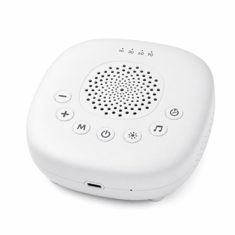 Máquina de ruído branco para bebé em ABS com 24 sons, luz noturna, USB e temporizador, deteção de choro