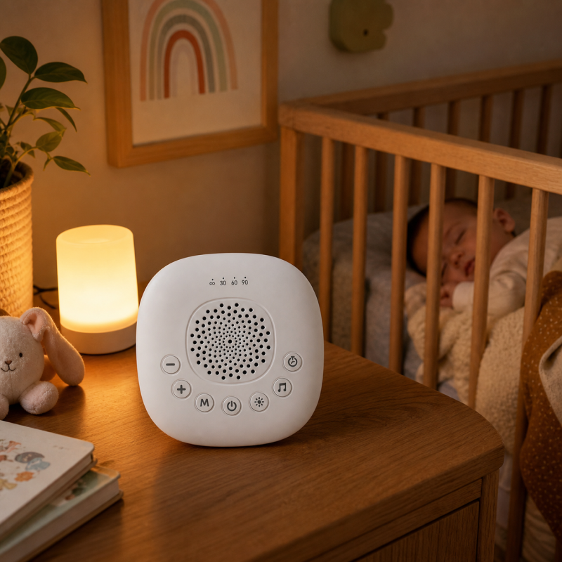 Máquina de ruído branco para bebé em quarto infantil com luz noturna suave