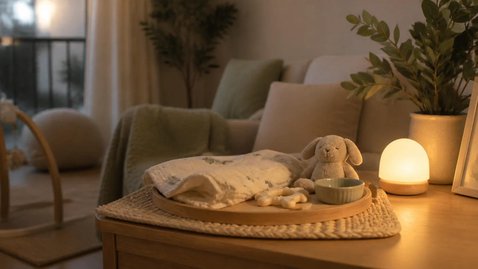 Tabuleiro com luz suave, peluche e muselina para acalmar o bebé ao fim do dia sem ecrãs