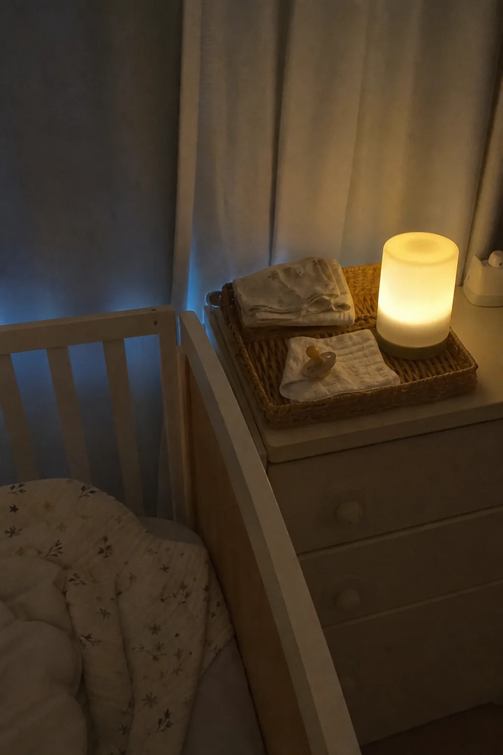 Quarto de bebé à noite com luz suave e artigos de cuidado sobre uma cómoda