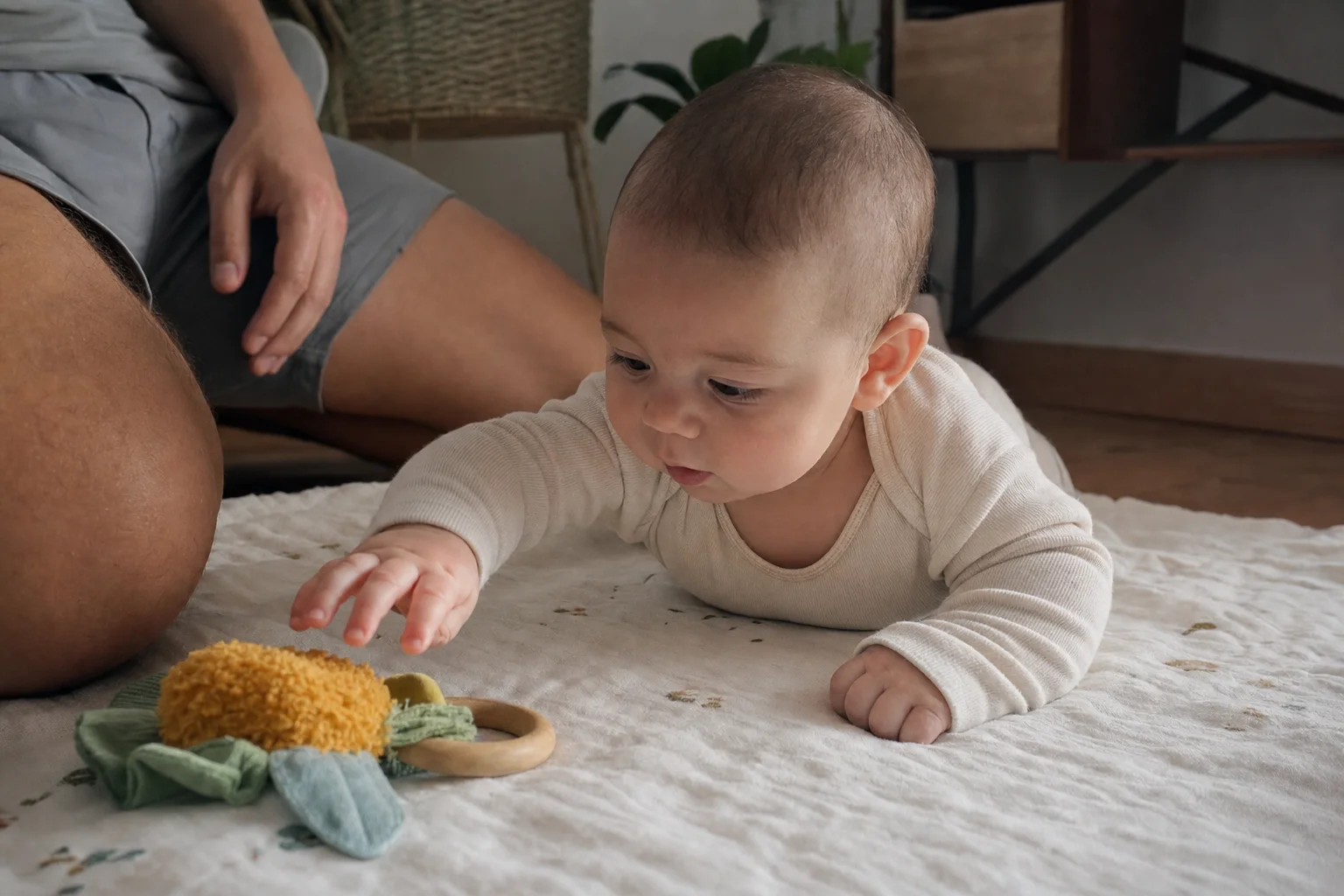 Bebé de quatro meses a alcançar um brinquedo macio durante tempo de barriga para baixo