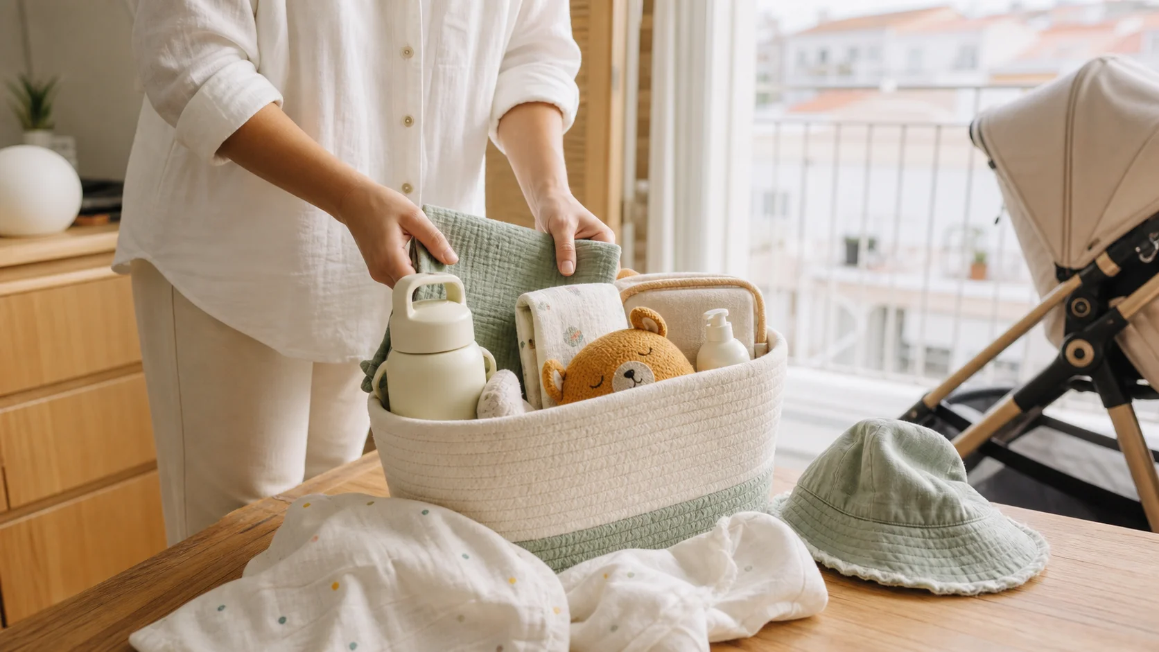 Cesto com essenciais para uma saída de verão com bebé, junto a uma janela luminosa