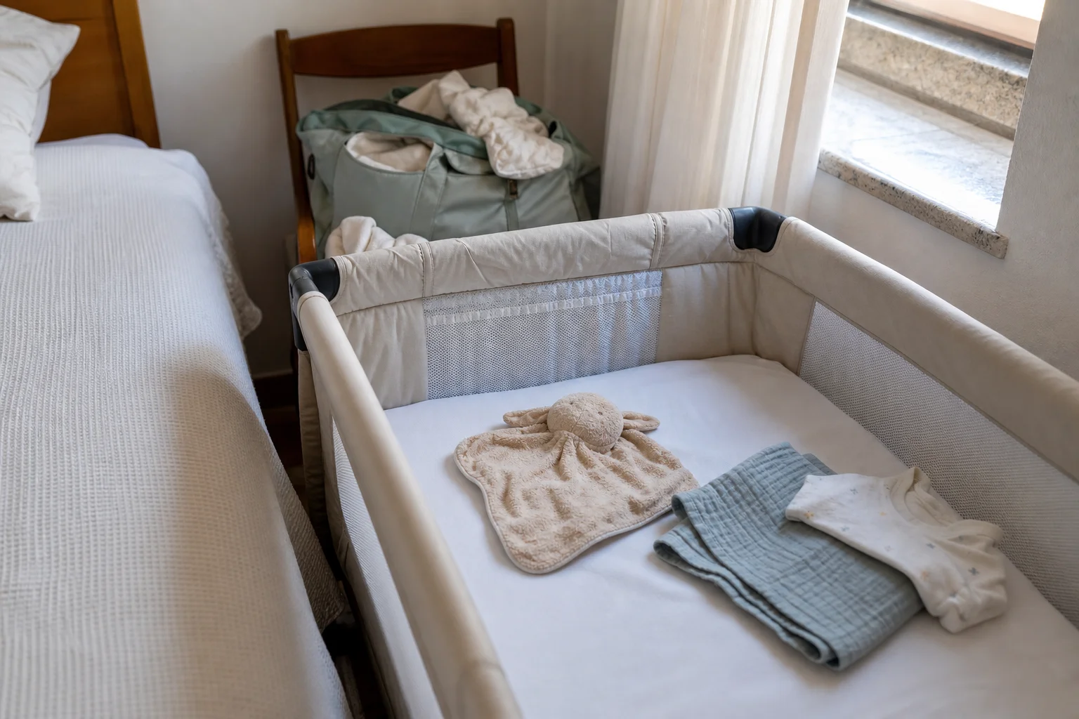 Doudou para bebé dormir fora de casa numa cama de viagem com mala e roupa de bebé