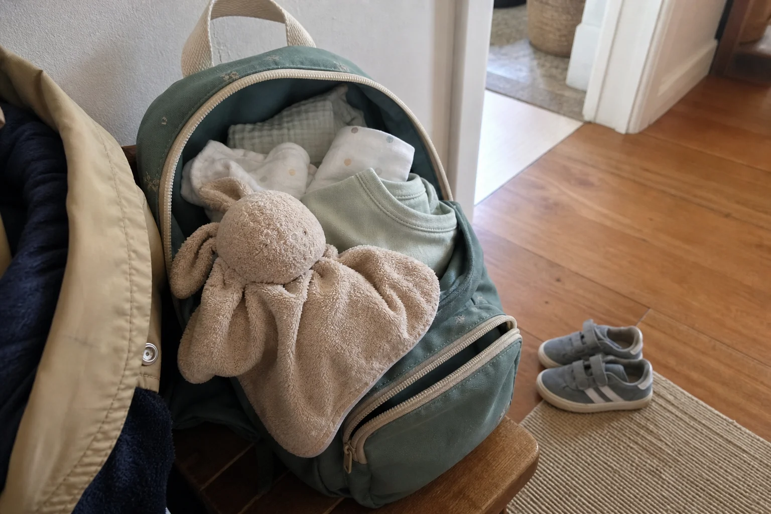 Doudou para bebé levar para a creche dentro de uma mochila com roupa e muselina