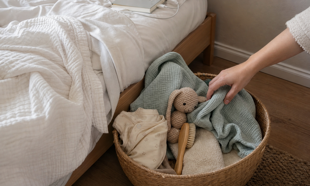 Cesto com essenciais de bebé numa rotina real em casa