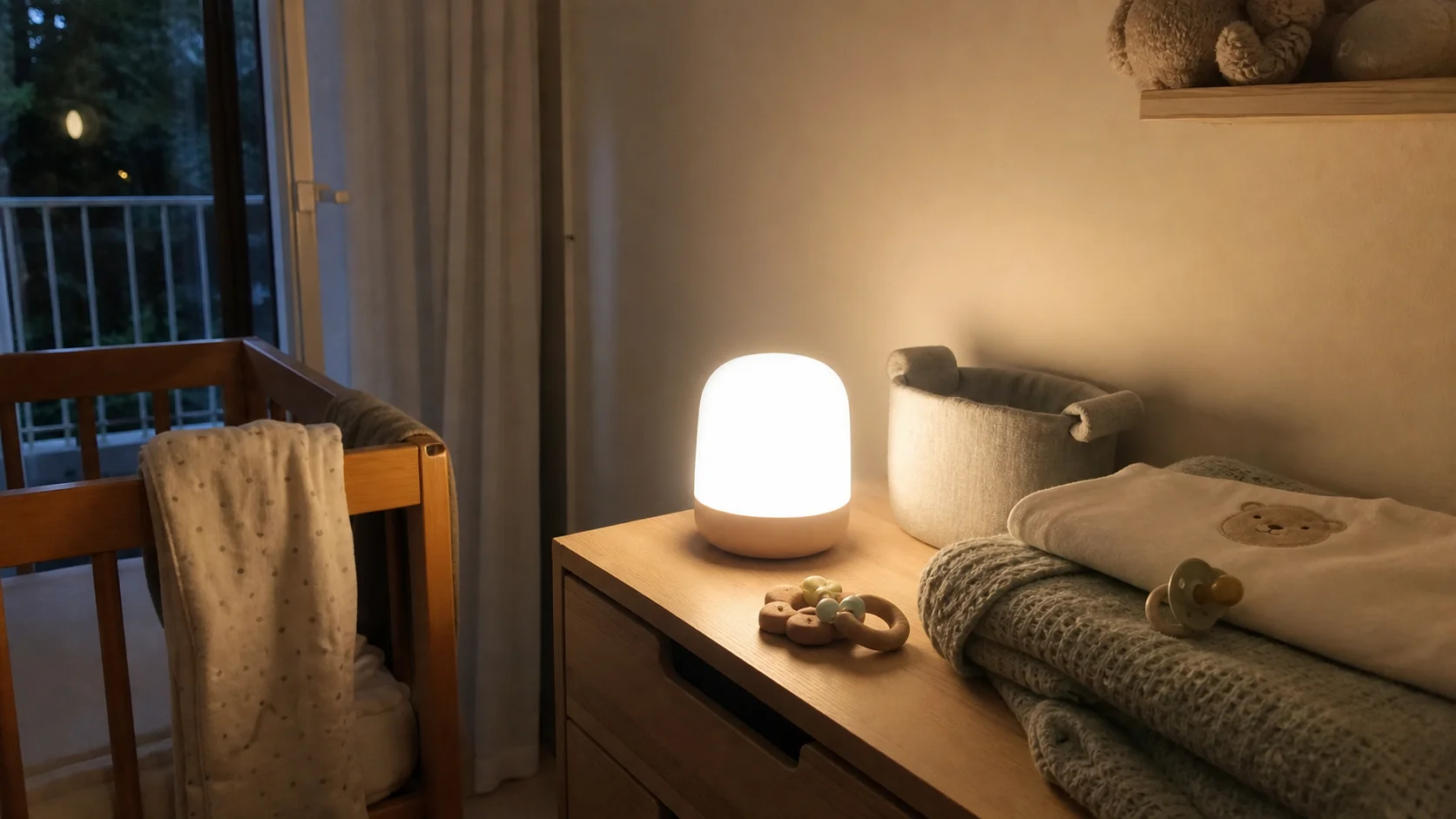 Luz de presença suave num quarto de bebé acolhedor