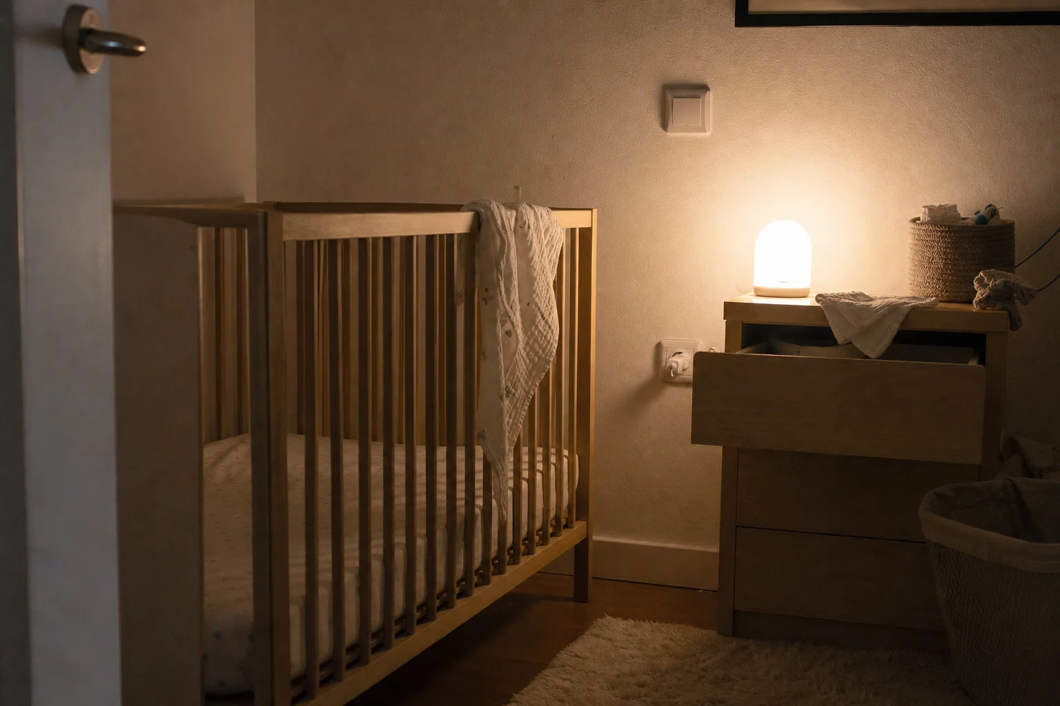 Luz de presença para bebé que acorda à noite num quarto real com berço e fralda de pano