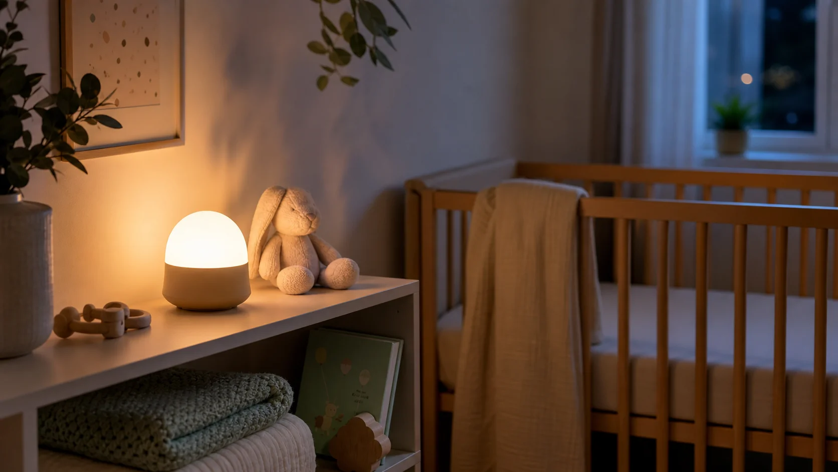 Luz de presença no quarto do bebé com berço vazio e ambiente calmo ao anoitecer