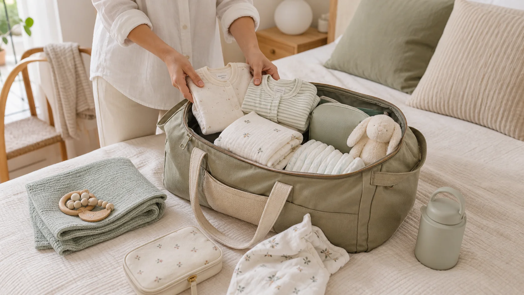 Mala do bebé para uma noite fora com roupa, fraldas, muselina e objeto de conforto