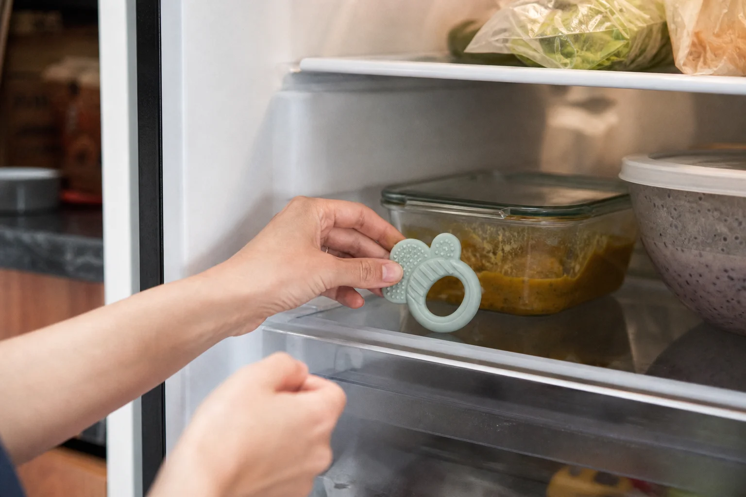 Mão a colocar um mordedor refrigerado para bebés numa prateleira do frigorífico
