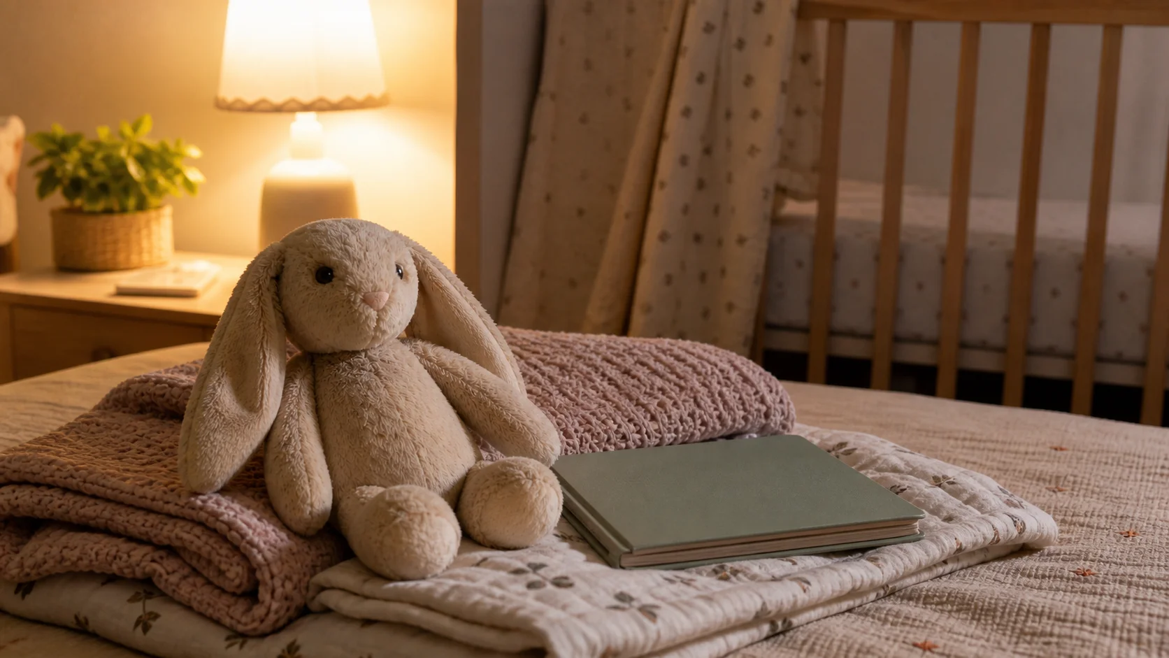 Peluche macio junto a manta de bebé num quarto acolhedor