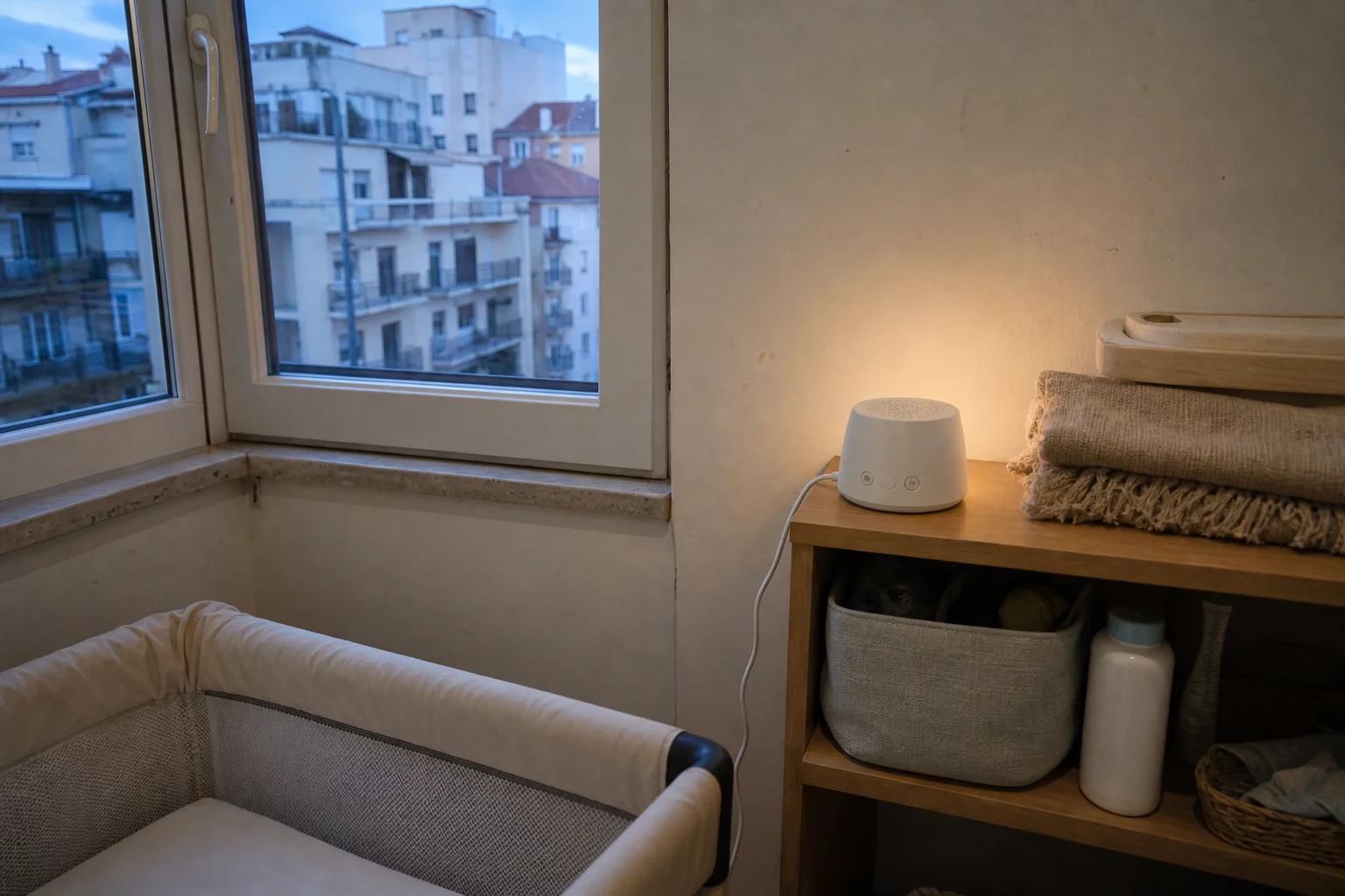 Máquina de ruído branco para bebé em apartamento junto a uma janela e cama de viagem